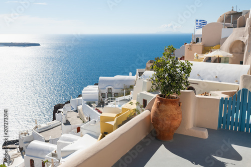 Cycladic architecture in Santorini island, Greece. Sea view at sunset