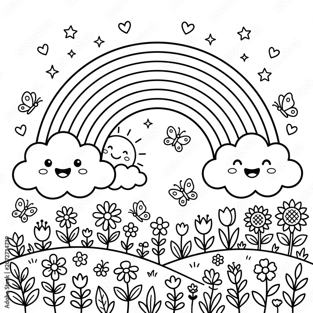 Naklejka premium Cute happy spring landscape with rainbow sun clouds and flowers