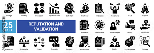 Bilde på lerret Reputation and validation icon set featuring assessment,proof,evidence,quality,reviews,authority,consistency and professional credibility concepts