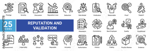 Tableau sur toile Reputation and validation icon set featuring assessment,proof,evidence,quality,reviews,authority,consistency and professional credibility concepts