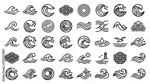 Bild auf Leinwand Minimalist black and white water wave icon set featuring linear ocean ripples ge