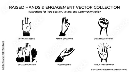 Tableau sur toile Black and white hand gestures vector icons set representing teamwork voting volu