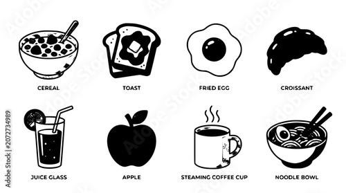 Fotografía Breakfast food icons set vector flat black and white illustration of cereal toas