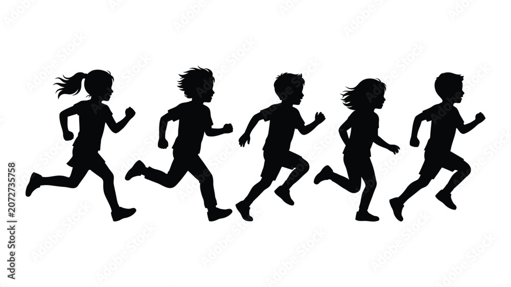 Obraz premium Black silhouettes of kids running in a line