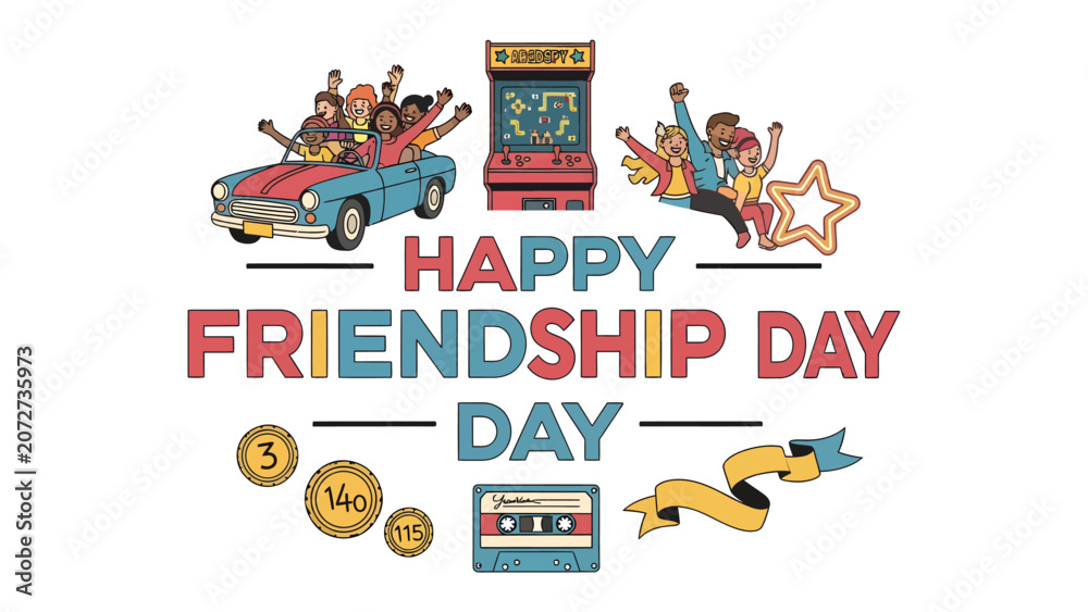 Naklejka premium Happy Friendship Day Celebration: Friends celebrate friendship day with retro elements like a classic car, arcade game, and cassette tape, conveying joy and nostalgia.