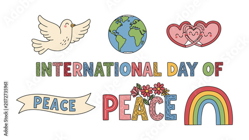 Bilde på lerret International Day of Peace Illustration: A vibrant and heartwarming collection of symbols representing peace, including a dove, the Earth, hearts, a rainbow, and floral elements