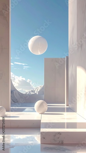 Minimalist interior with white spheres floating.