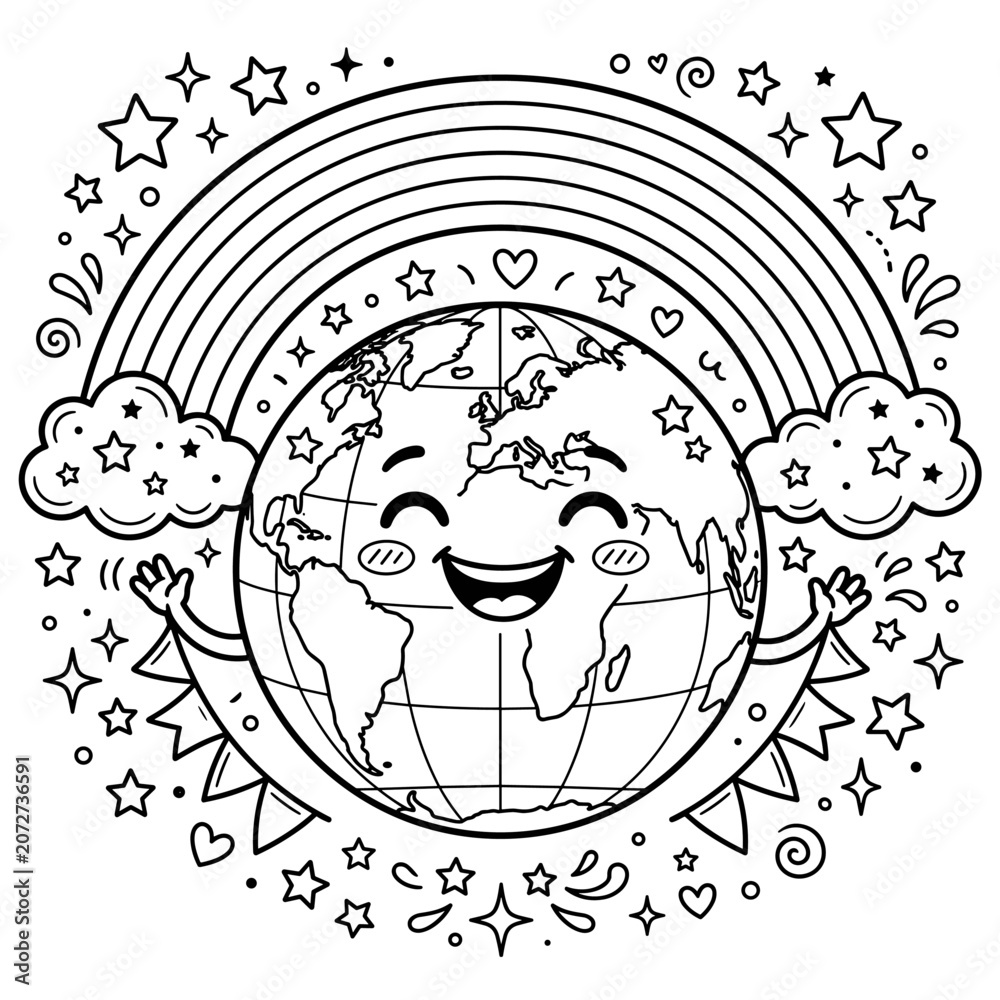 Fototapeta premium Cute Happy Earth Character with Rainbow Coloring Page