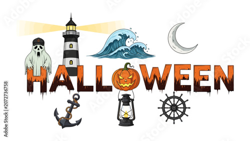 Tableau sur toile Halloween Themed Graphic Elements: A collection of spooky and festive graphic elements for Halloween, including a ghost, lighthouse, crashing wave, crescent moon, anchor, lantern, and ship's wheel