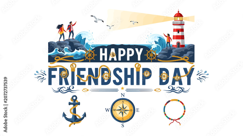 Naklejka premium Happy Friendship Day illustration with people and lighthouse