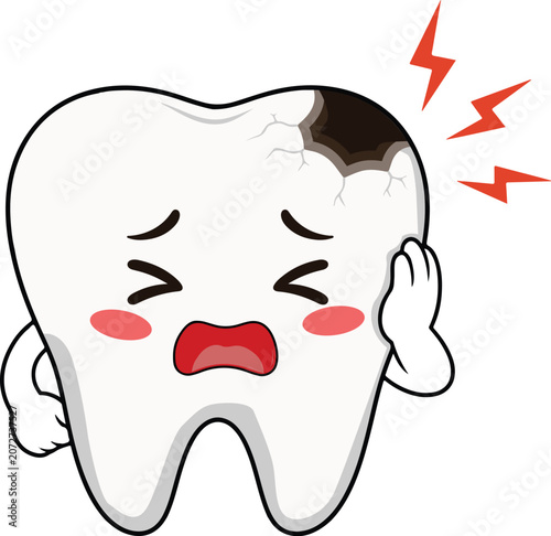 Painful Tooth Cartoon Character with Toothache Expression Vector Illustration