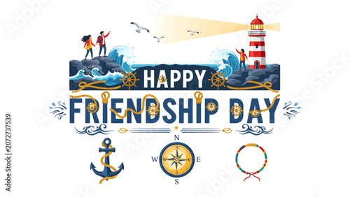 Fotografie Happy Friendship Day illustration with people and lighthouse