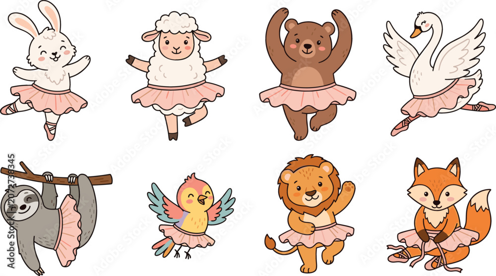 Fototapeta premium Cute cartoon animals ballerina vector set featuring friendly wildlife characters wearing pink tutus isolated clip art illustrations.