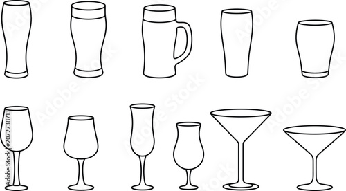 Photos Alcohol glassware outline vector icon set, beer mug wine martini cocktail glasse