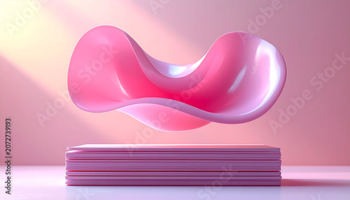 A glossy, wavy pink abstract 3D shape floats above a stack of pink rectangular platforms in a minimalist setting with soft lighting.