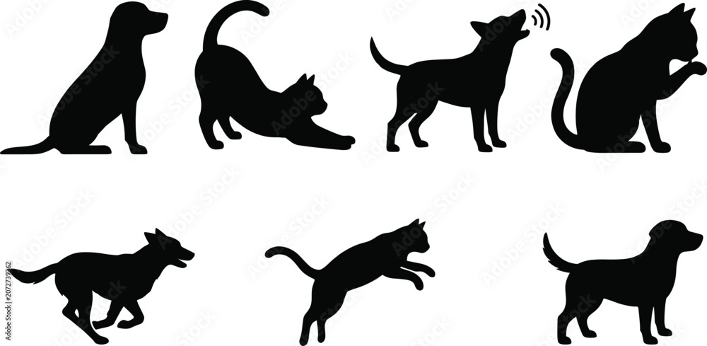 Obraz premium Dog and Cat Silhouette Collection with Pet Poses and Animal Behavior Vector Set