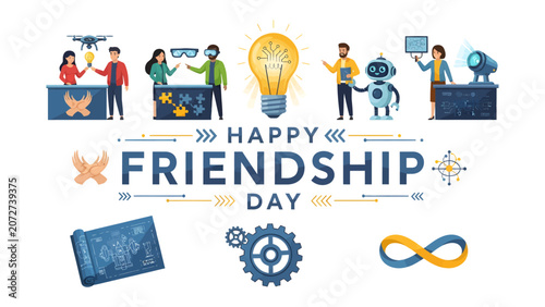 Bild auf Leinwand Friendship Day Celebration of Innovation and Connection: A vibrant illustration celebrating Friendship Day, showcasing a blend of modern technology and creative ideas, with people sharing light bulbs