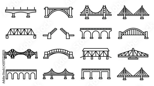 Bild auf Leinwand Set of Linear Bridge Icons Representing Various Architectural Infrastructure Des