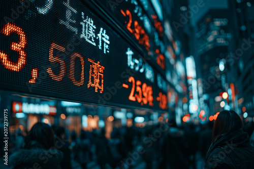 A documentary-style image capturing the fluctuating currency exchange rates on digital screens in a global financial hub, with worried investors monitoring the changes closely,