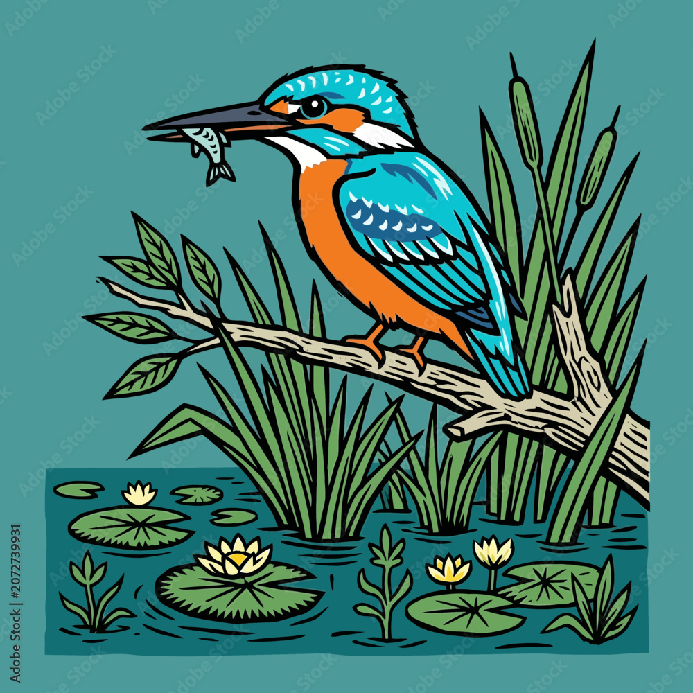 Obraz premium Kingfisher bird with fish on branch, reeds and water lilies pond illustration