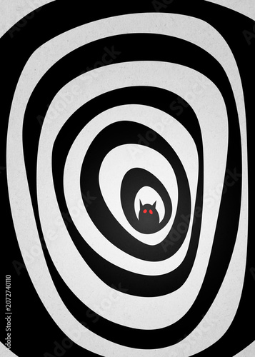 Spooky monster silhouette with red eyes in a hypnotic spiral tunnel