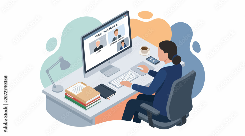 Fototapeta premium Businesswoman in Suit Joining Virtual Court Hearing from Home Office