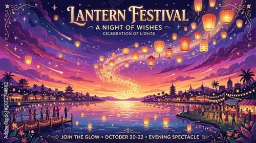 Fotografie A breathtaking spectacle of glowing sky lanterns ascending over a serene watersi