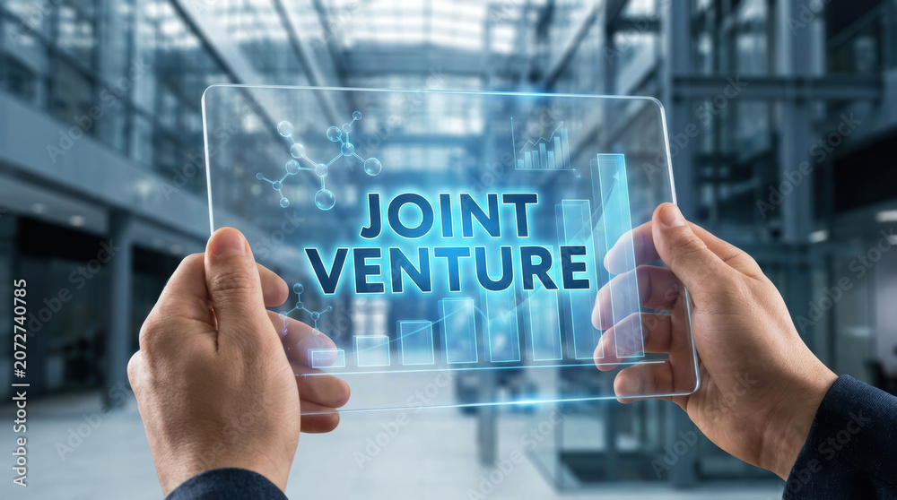 Obraz premium Biotech mergers acquisitions joint venture concept with futuristic transparent digital tablet held by businessman in modern office environment