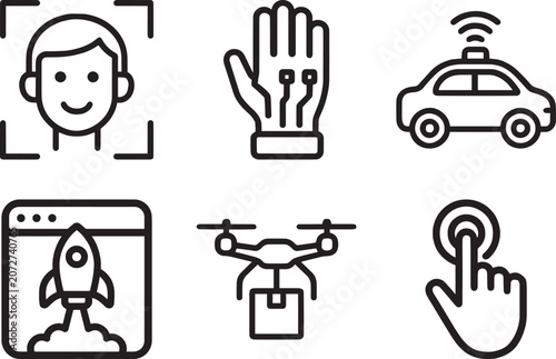 Autonomous vehicle, drone delivery, and face recognition technology icon sheet Outilne