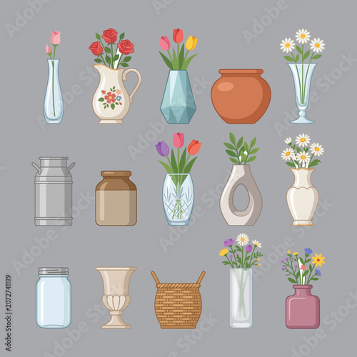 set of flowers in pots