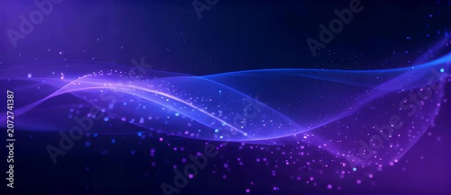 Abstract background with glowing blue and purple waves and shimmering particles for technology design