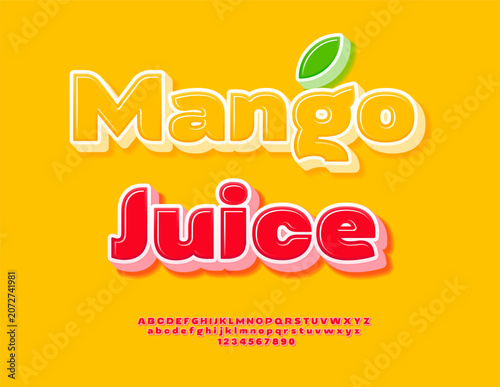 Vector Artistic sticker Mango Juice.Classy Red Font. Elegant Glossy Alphabet Letters and Numbers set.