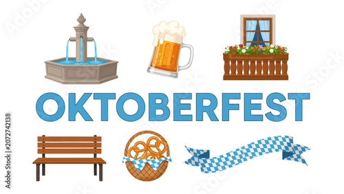 Canvas Print Oktoberfest Celebration Elements: A collection of iconic symbols representing the lively Oktoberfest festival, including a beer mug, pretzel basket, wooden bench, water fountain, window box