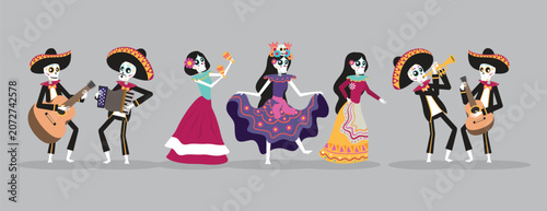 Fotografie Mexican skeleton mariachi band and dancers celebrating the traditional Day of the Dead festival