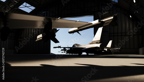 Silhouette of a modern fighter jet parked inside an aircraft hangar