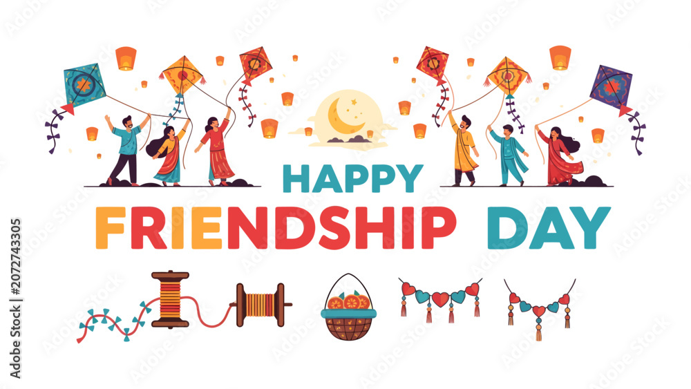 Fototapeta premium Friends Celebrating Friendship Day: People joyfully fly kites and release lanterns under a crescent moon, celebrating Friendship Day with festive decorations and colorful kites.