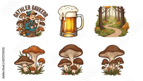 Foto Forest Gathering and Refreshment: A collection featuring a hiker surrounded by mushrooms, a frothy beer mug, a woodland path, and various mushroom clusters