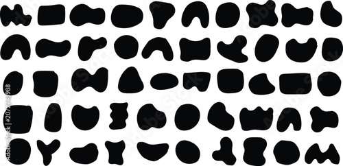 Fotografie Solid black quirky organic fluid blob stamps isolated on white background, minim