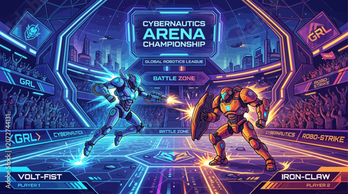 Fotografia Futuristic Robotic Combat Arena Tournament Featuring Two High-Tech Armored Warri