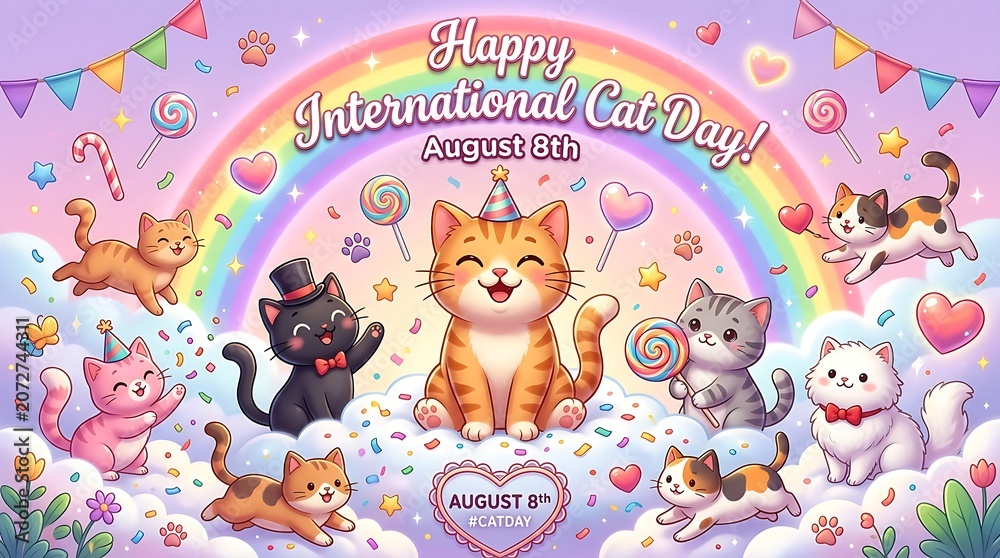 Fototapeta premium Celebrate happy international cat day with cute cartoon kittens and colorful festive decorations on august eighth