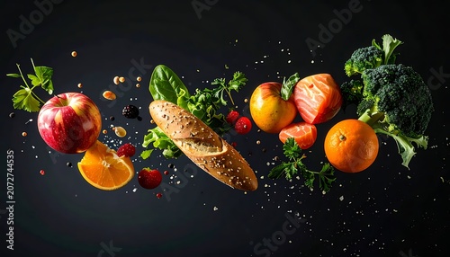 Fresh fruits and vegetables with bread.