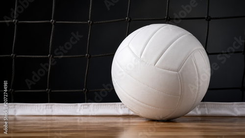 White volleyball ball resting on a wooden floor in front of a dark sports net