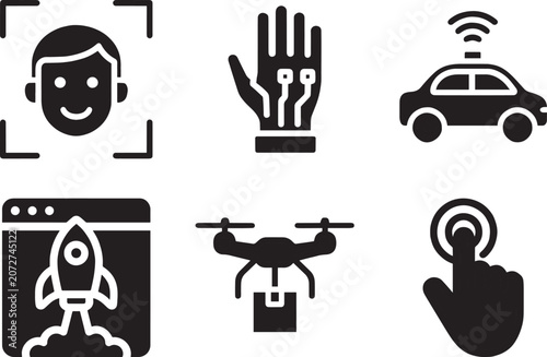 Autonomous vehicle, drone delivery, and face recognition technology icon sheet Solid
