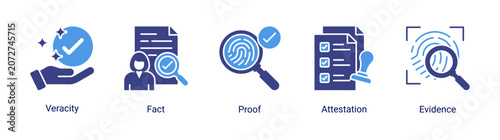 Foto Proof and evidence icon set featuring facts,attestation,verification and evidence concepts for credibility and validation processes