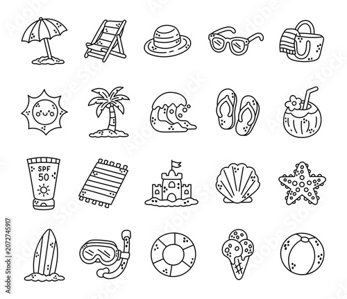Beach vacation set featuring umbrella, deckchair, sun hat, sunglasses, bag, sunshine, palm tree, wave, flip flops, cocktail, sunscreen, towel, sandcastle