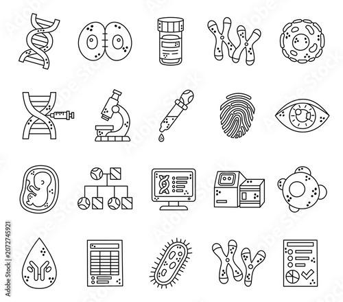 Genetics research set featuring dna helix cell division sample container female chromosomes nucleus injection microscope pipette fingerprint eye embryo molecule