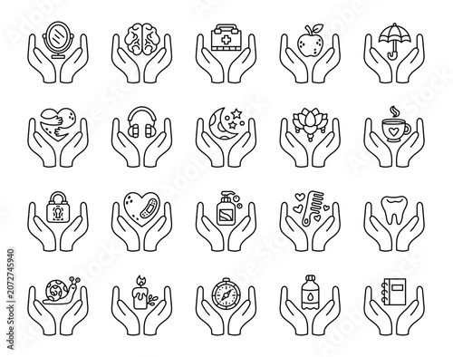 Mental health icon wellness set featuring mirror brain first aid apple umbrella heart headphones moon lotus teacup lock bandage dispenser