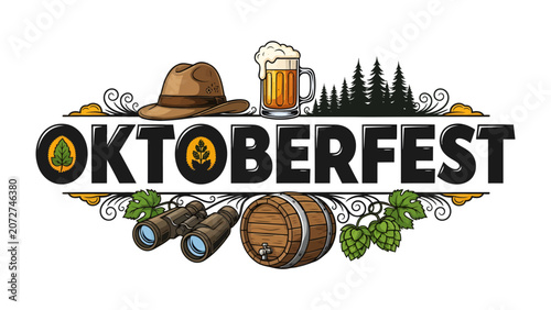 Obraz na płótnie Oktoberfest Celebration Emblem: An iconic emblem celebrating Oktoberfest, featuring traditional elements like a beer stein, barrel, hops, hat, binoculars, and evergreen trees