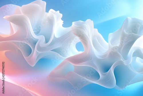 Abstract digital illustration presents several ethereal light blue and white structures with intricate ruffled edges and long wispy tendrils