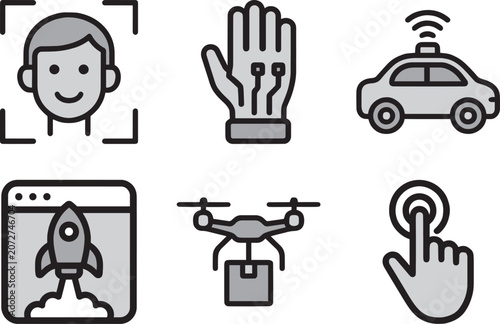 Autonomous vehicle, drone delivery, and face recognition technology icon sheet 2Tone